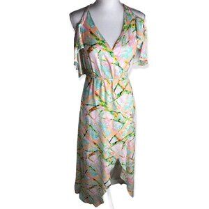 Caricatura Off-shoulder Tropical Wrap Maxi Dress